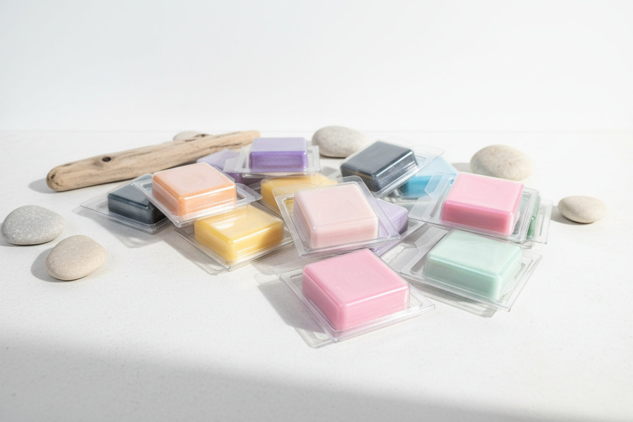 Colorful wax melts in clear packaging on a light surface with stones