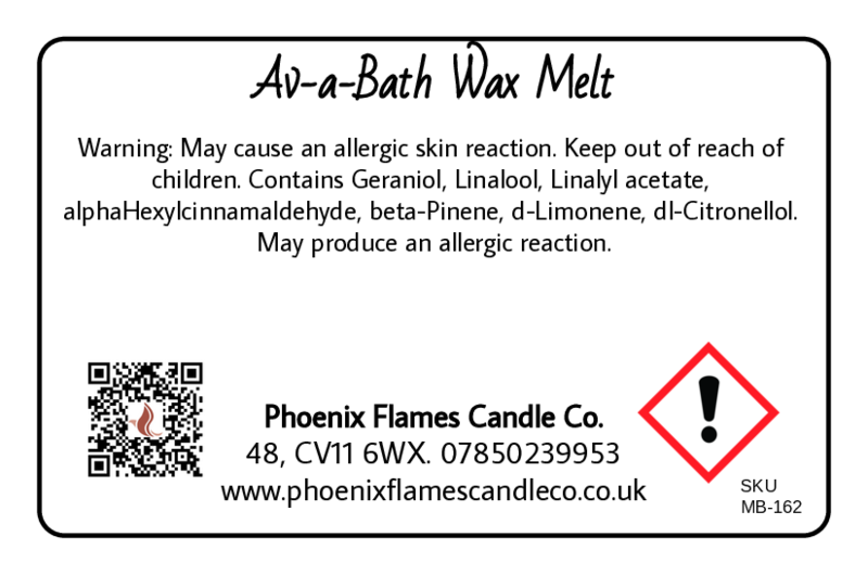 Label for Av-a-Bath Wax Melt with warning text and contact information.