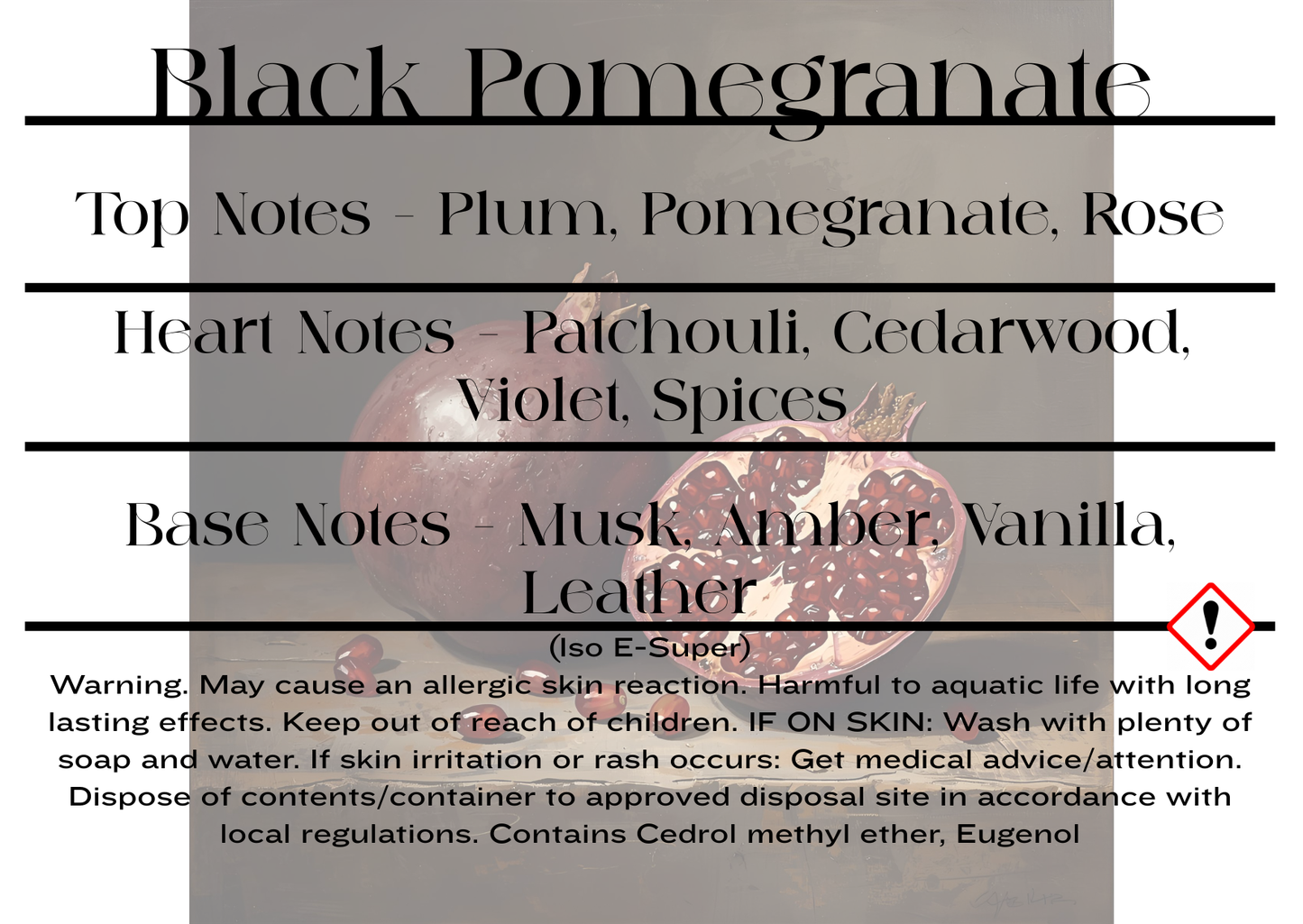 Black Pomegranate scent notes and candle CLP information