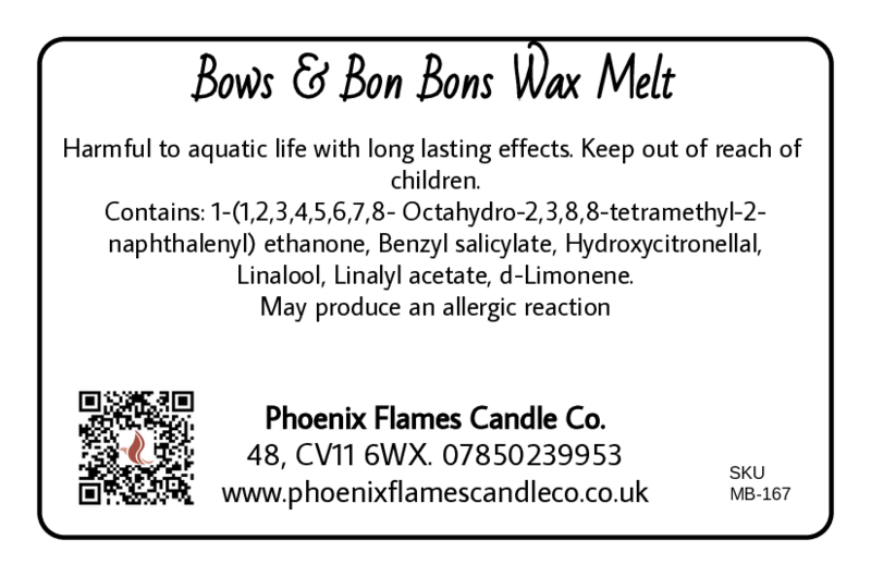 Label for Bows & Bon Bons Wax Melt with product details and contact information.