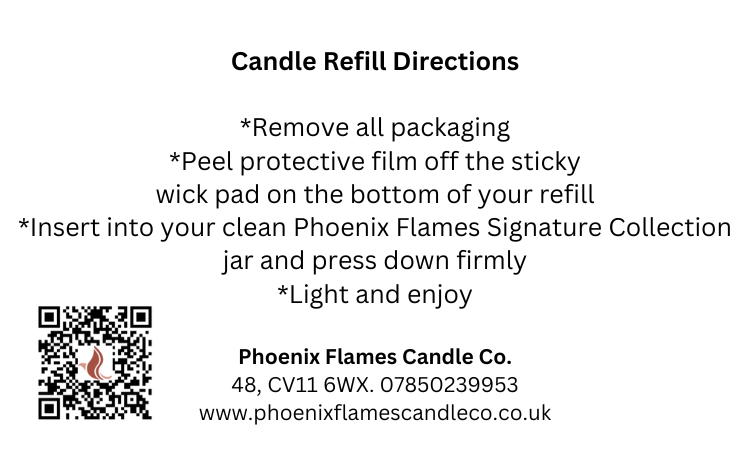 Candle refill directions card with Phoenix Flames Candle Co. branding and contact information.