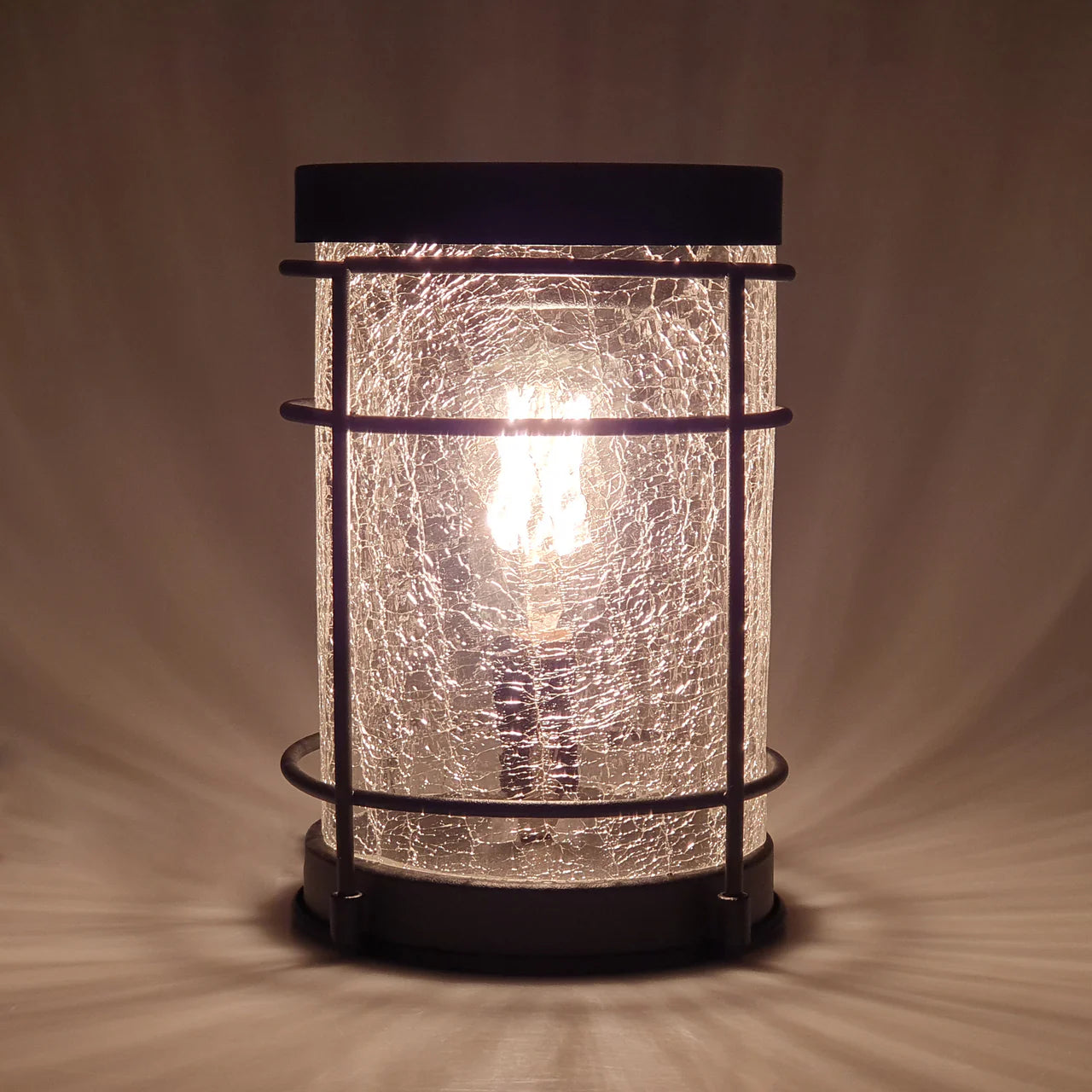 Decorative wax melt burner with crackle glass and black metal frame