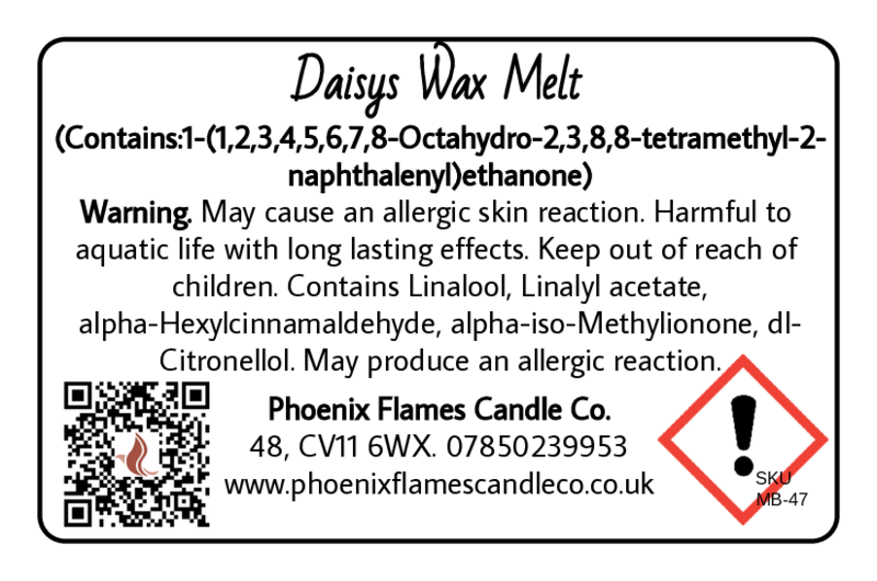 Label for Daisys Wax Melt with warning information and contact details.
