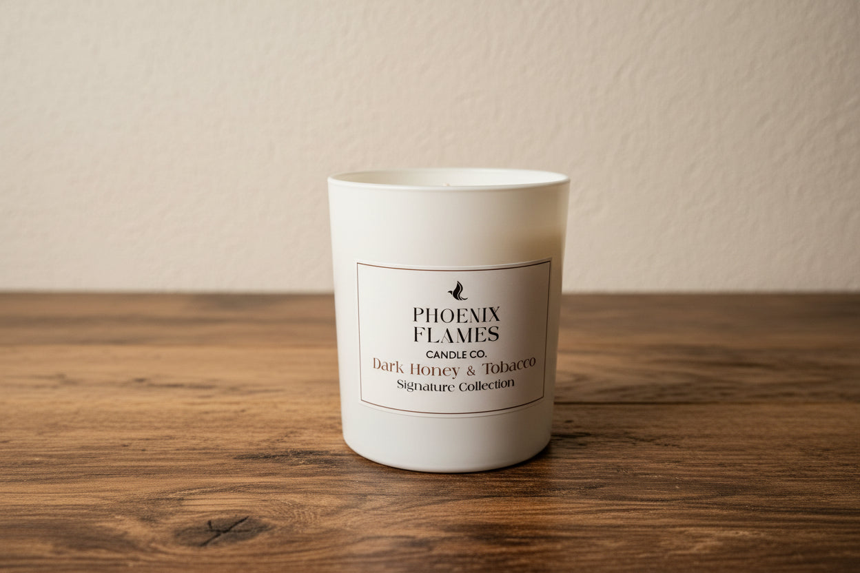 White candle with 'Phoenix Flames Candle Co.' label on a wooden surface
