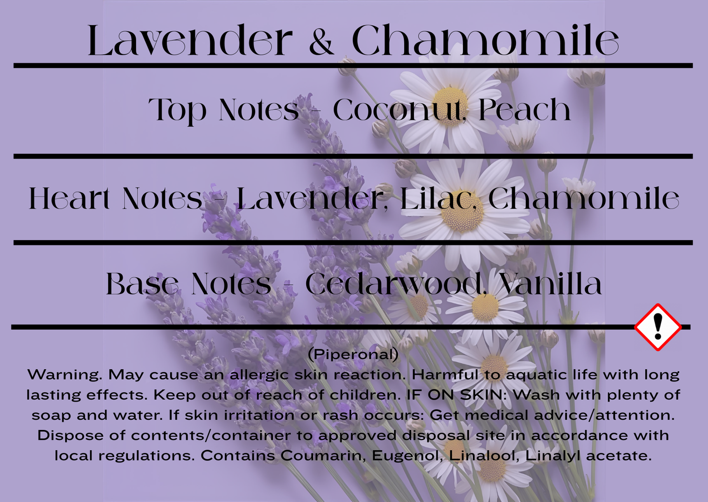 Floral infographic with lavender and chamomile on a purple background, detailing top, heart, and base notes of a fragrance and CLP information for wax melts and candles