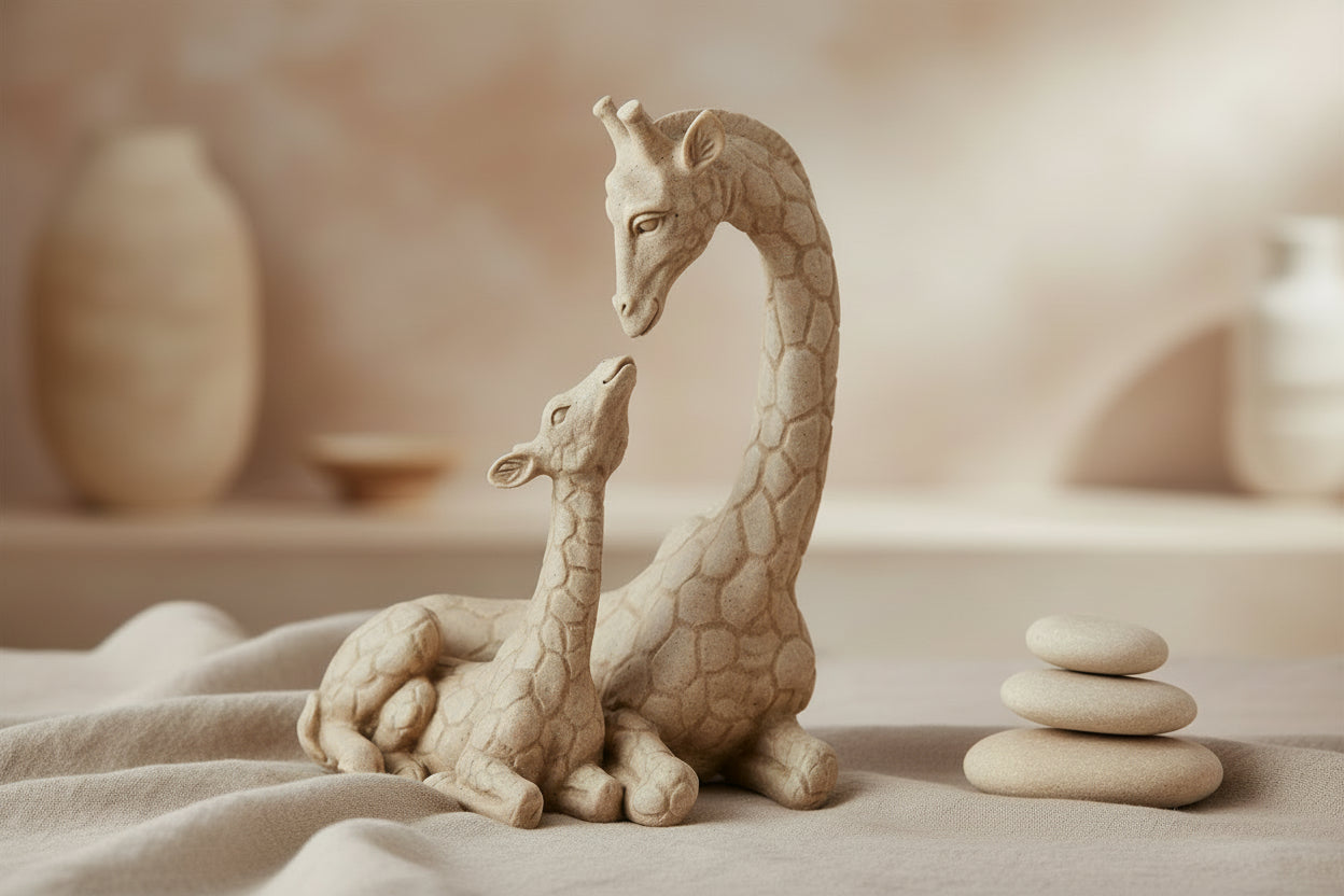 Decorative stone look resin ornament of a giraffe and calf on a white background