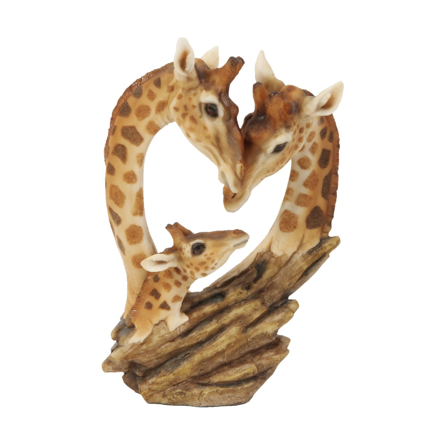 Resin giraffe family figurine on a white background