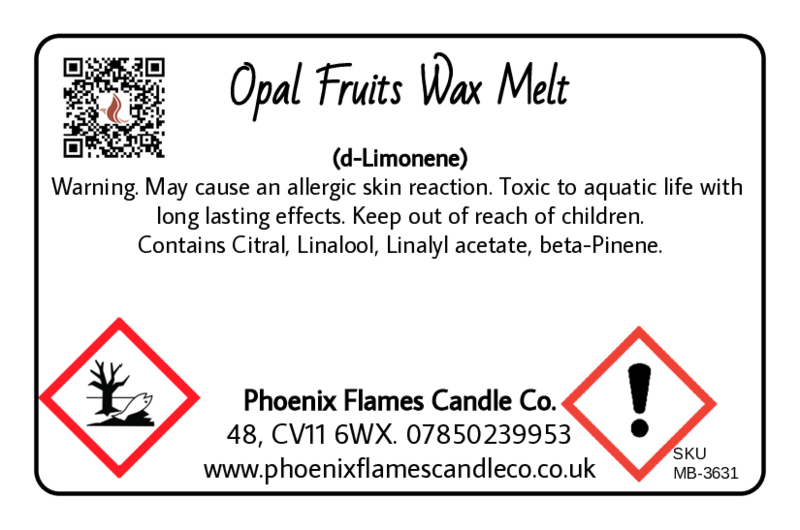 Label for Opal Fruits Wax Melt with warning information and contact details.