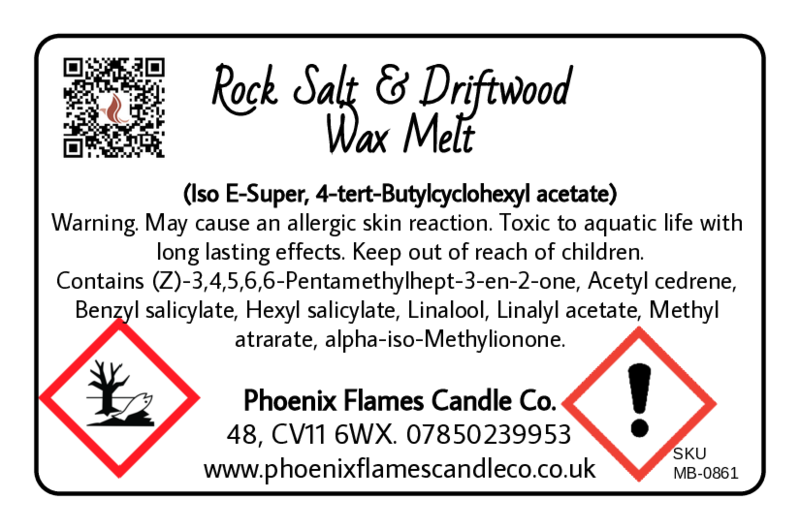 Label for Rock Salt & Driftwood Wax Melt with warning symbols and contact information.