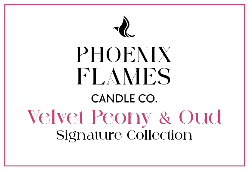 Logo of Phoenix Flames Candle Co. with product name 'Velvet Peony & Oud' on a white background