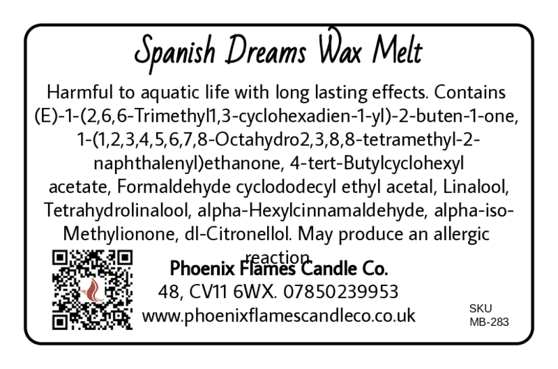Label for Spanish Dreams Wax Melt with product details and contact information.