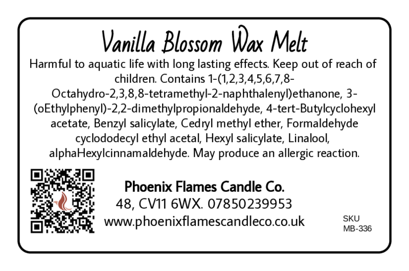 Label for Vanilla Blossom Wax Melt with product details and contact information.