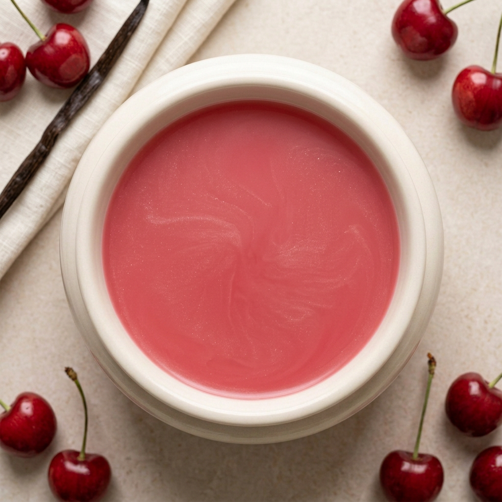 Cherry Vanilla cherry-red melted wax with subtle mica in a round ivory burner