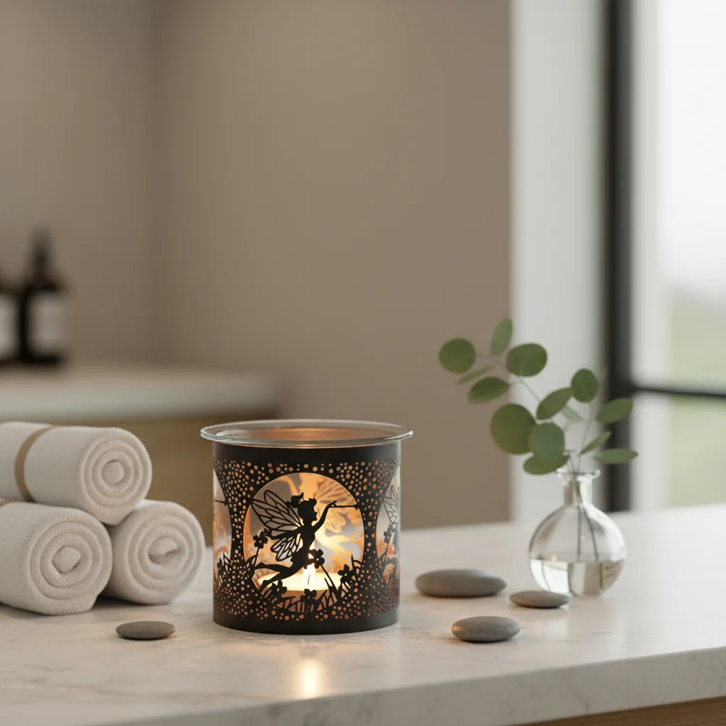 Black fairy-design metal wax melt burner lit with a standard 4-hour tealight