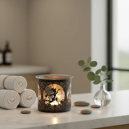 Black fairy-design metal wax melt burner lit with a standard 4-hour tealight