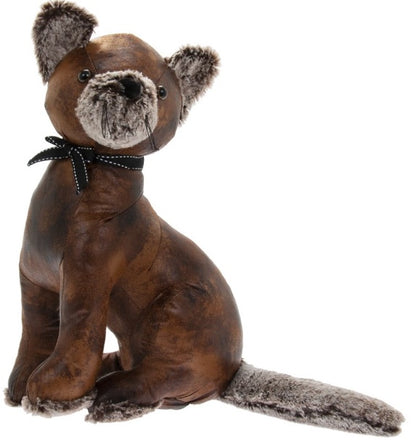 Brown faux leather cat doorstop with bow on a white background