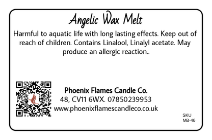 Label for Angelic Wax Melt with safety information and contact details.