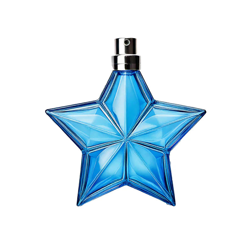 Blue star-shaped perfume bottle on a white background