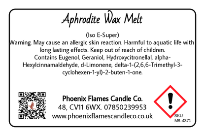 Label for Aphrodite Wax Melt from Phoenix Flames Candle Co. with warning text and contact information.