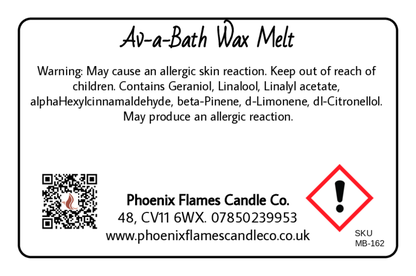 Label for Av-a-Bath Wax Melt with warning text and contact information.
