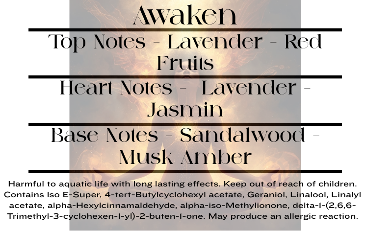Awaken scent notes and wax melt CLP information
