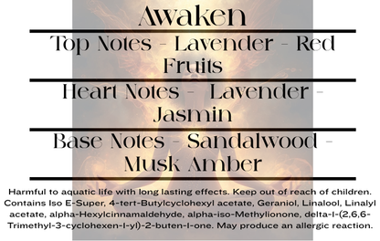 Awaken scent notes and wax melt CLP information
