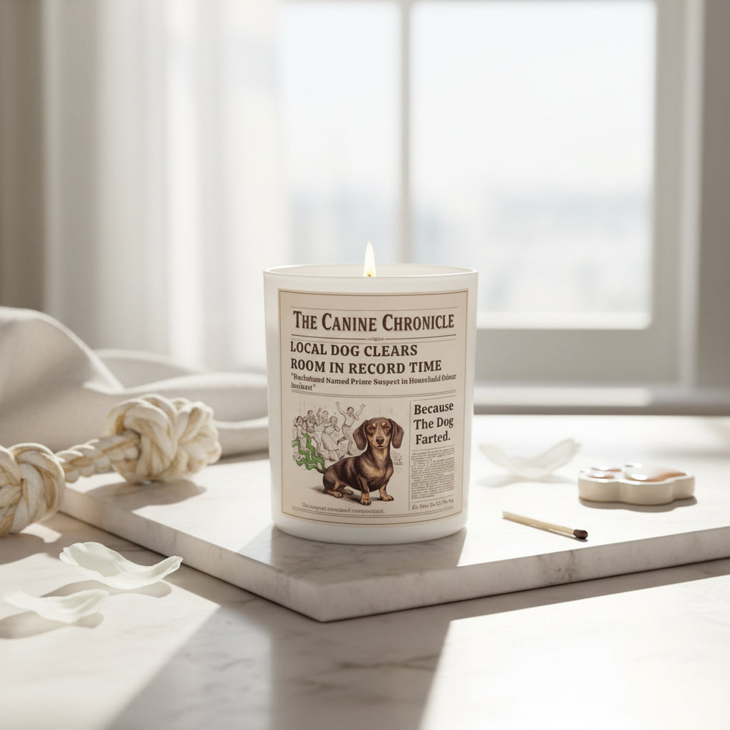 Canine Chronicle newspaper-style candle with a dog illustration on a white background