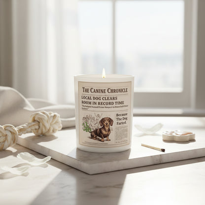 Canine Chronicle newspaper-style candle with a dog illustration on a white background