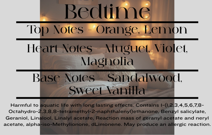 Bedtime scent notes and wax melt CLP information