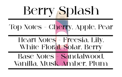 Product label with 'Berry Splash' description, top, heart, and base notes listed.