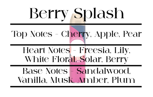 Product label with 'Berry Splash' description, top, heart, and base notes listed.