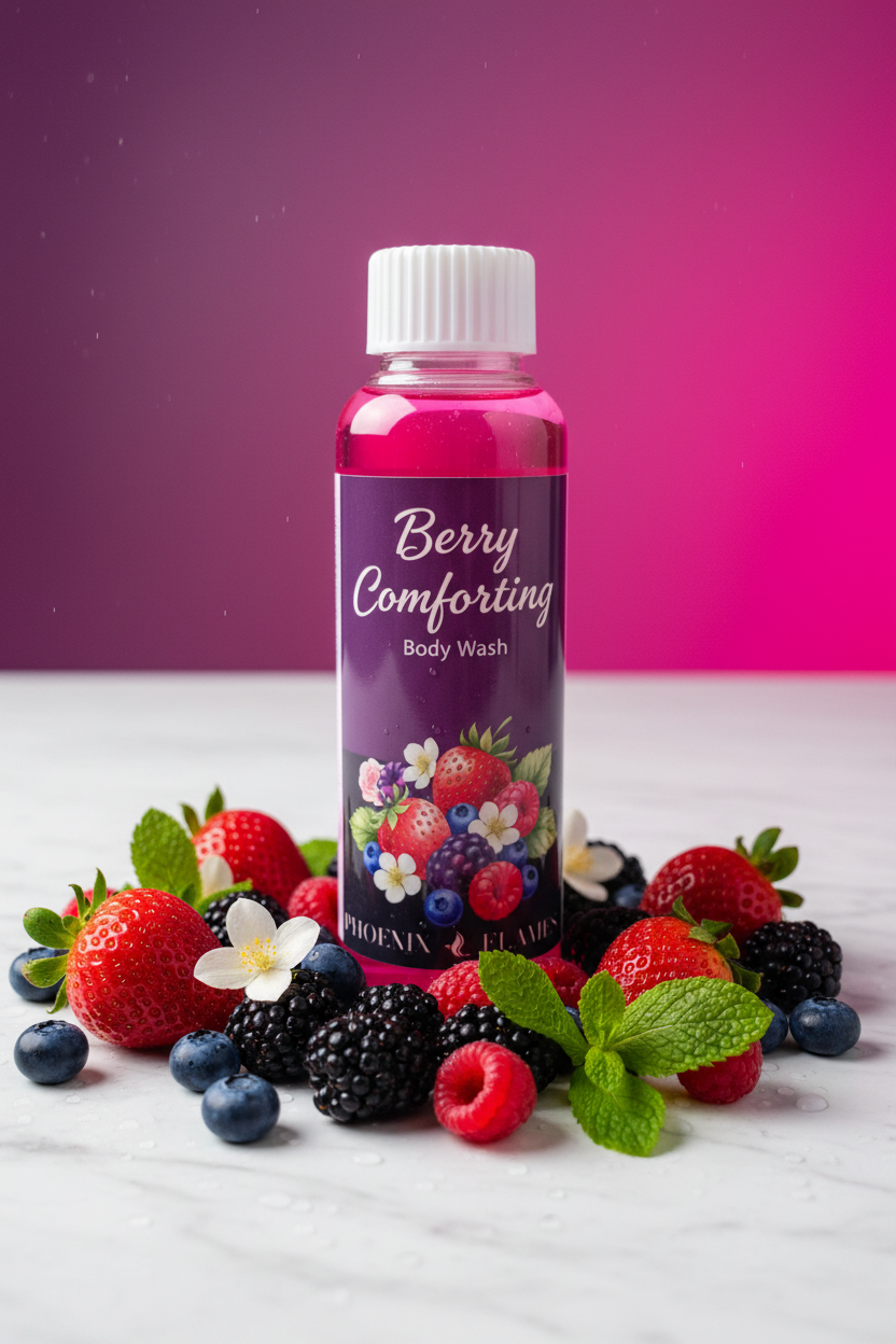 Berry Comforting Body Wash On a White Surface Surrounded By Juicy Berries.