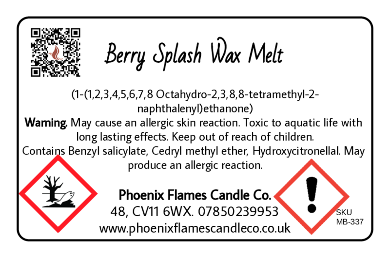 Label for Berry Splash Wax Melt with warning information and contact details.