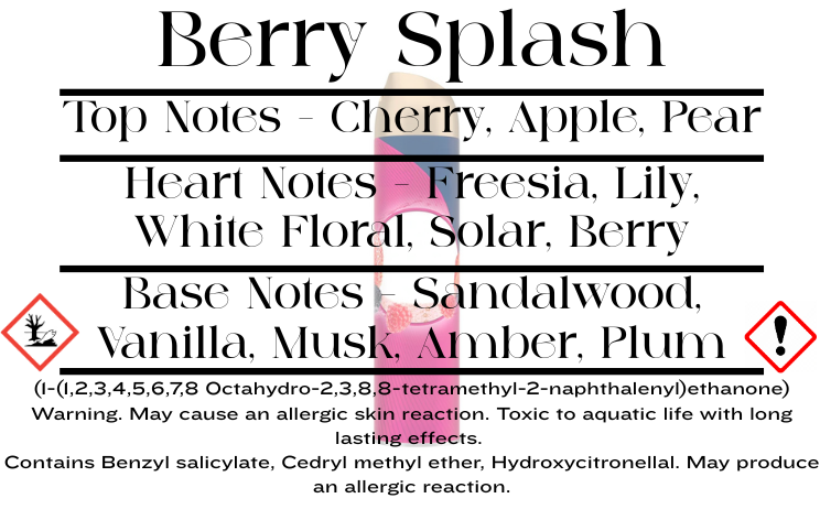 Product label for 'Berry Splash' with fragrance notes and CLP information.