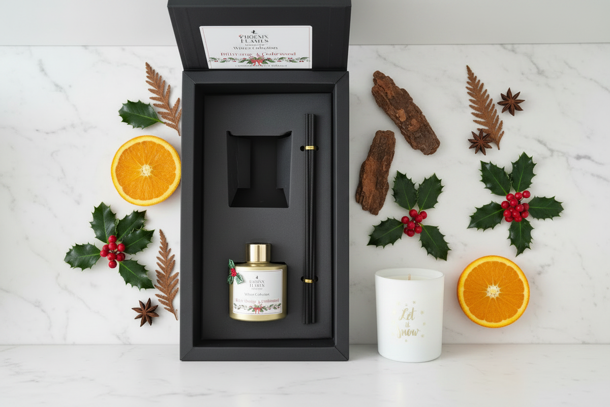 Bitter Orange & Cedarwood Winter Collection Gift Set with white frosted candle and gold reed diffuser in black gift box with orange and cedarwood botanicals