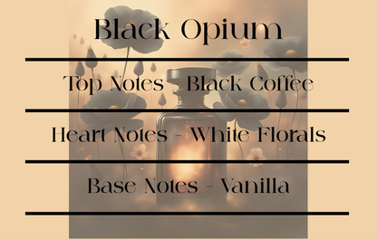Black Opium fragrance description with floral elements on a beige background