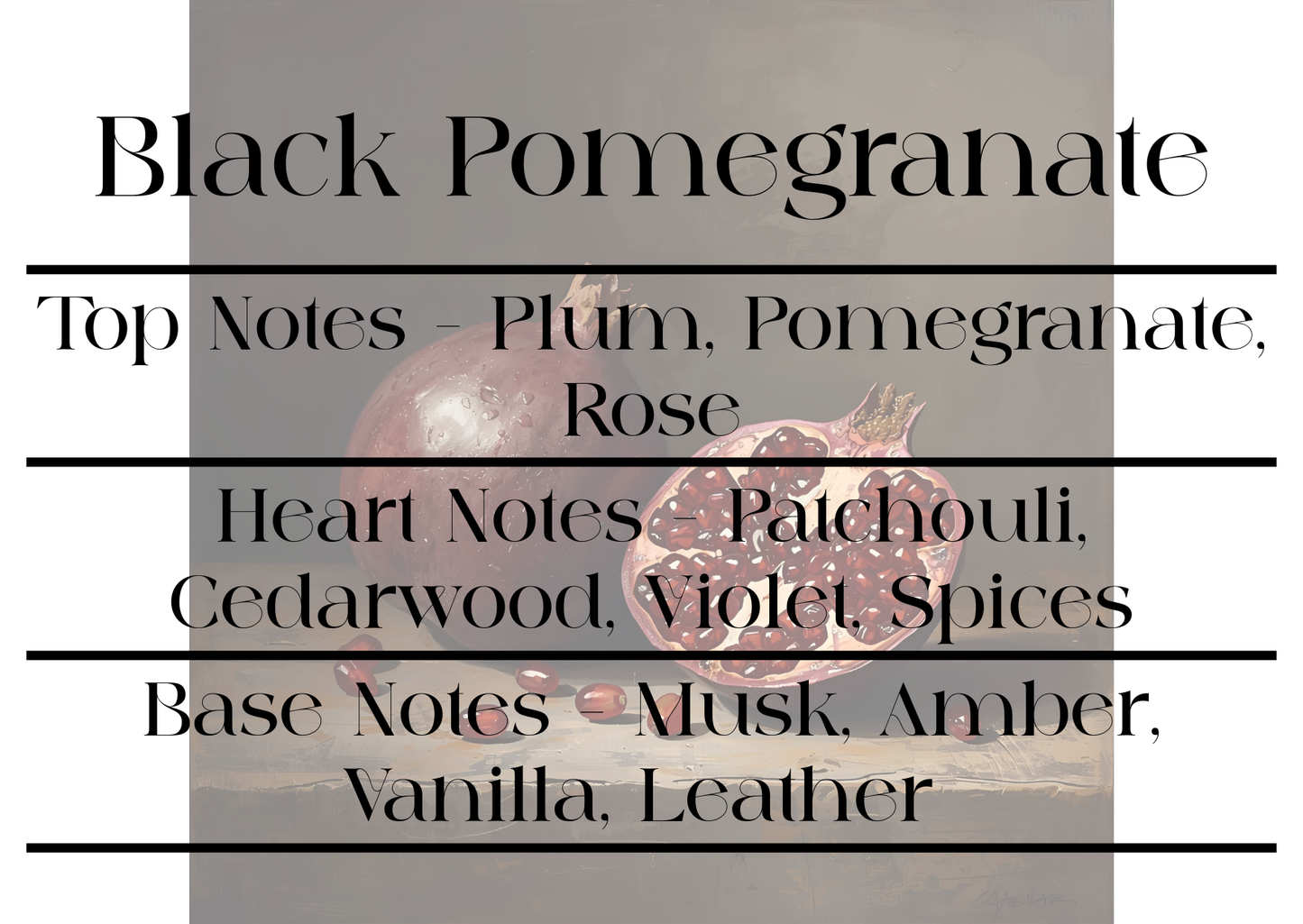 Black pomegranate scent description with pomegranate image on a gray background