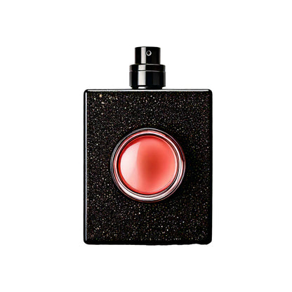 Black speckled perfume bottle with a red centre on a white background