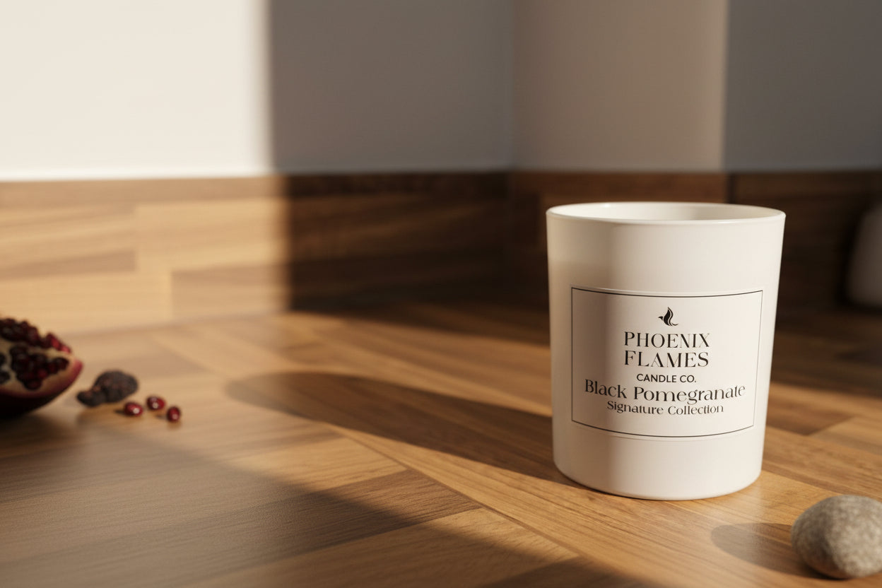 Black Pomegranate Candle with 'Phoenix Flames' branding on a wooden surface