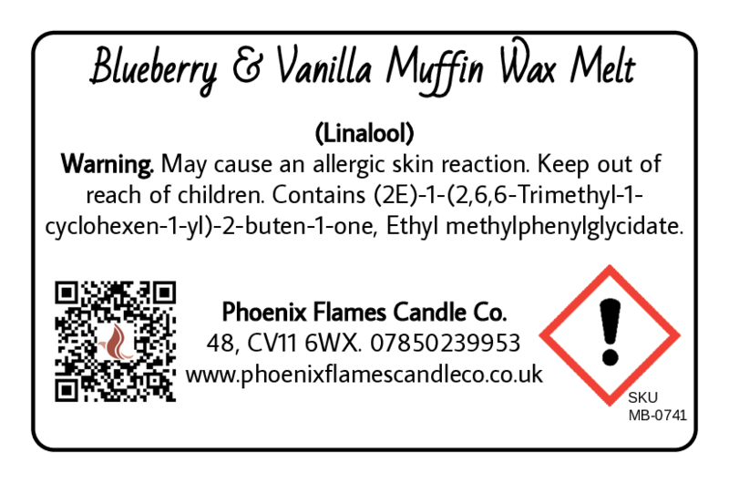 Label for Blueberry & Vanilla Muffin Wax Melt with warning text and contact information.