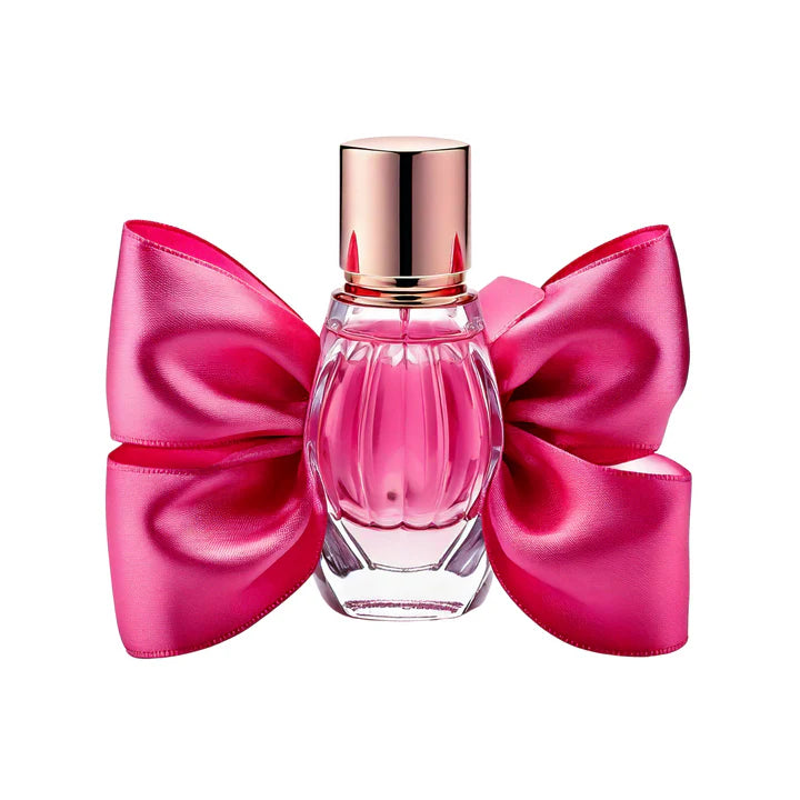 Perfume bottle with a pink bow on a white background