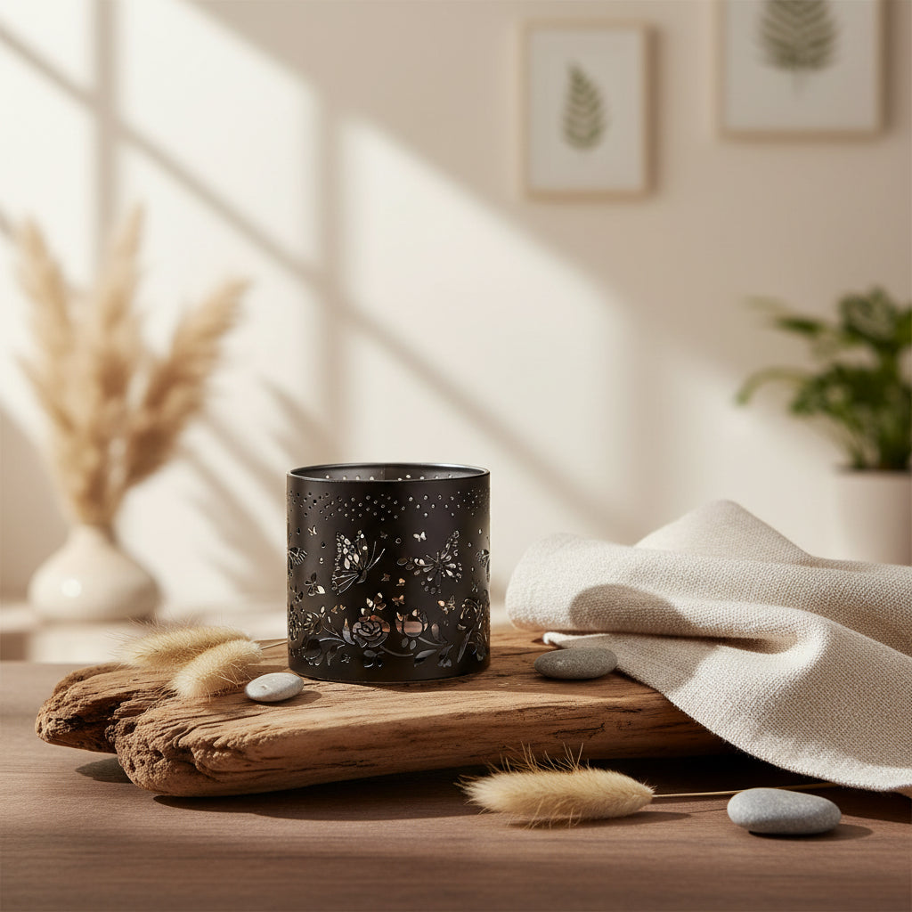 Black decorative wax melt burner with floral and butterfly patterns 