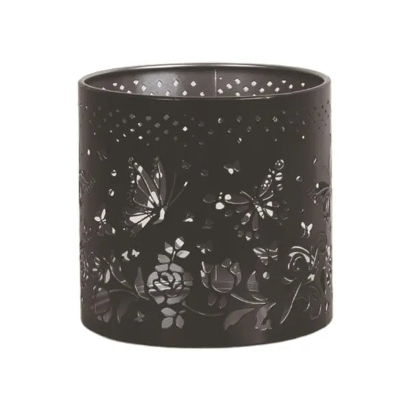 Black decorative wax melt burner with floral and butterfly patterns on a white background