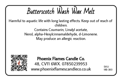 Label for Butterscotch Wash Wax Melt with product details and contact information.