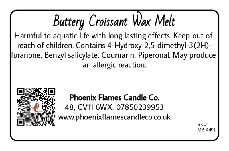 Label for Buttery Croissant Wax Melt with product details and contact information.
