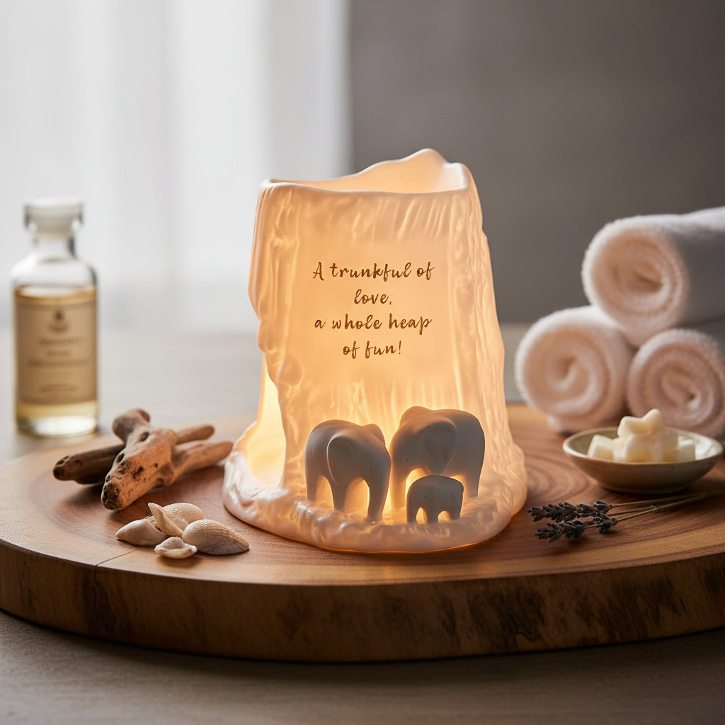 Wax melt burner with a family of elephants and a sentimental quote sitting on a wood surface