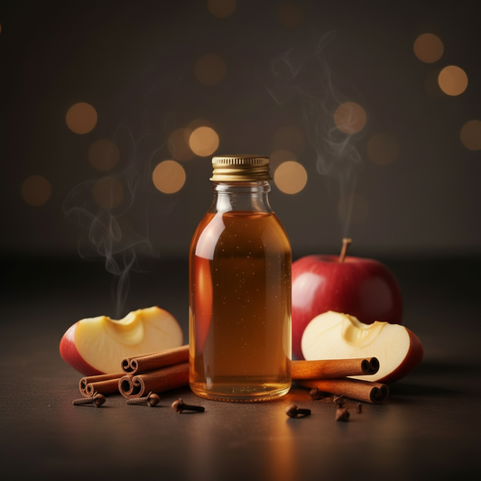 Clear glass refill bottle with gold cap surrounded by apple slices and cinnamon sticks on a dark surface with golden bokeh