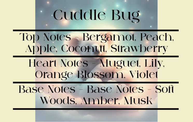 Product label for 'Cuddle Bug' with fragrance notes on a soft focus background