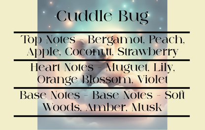 Product label for 'Cuddle Bug' with fragrance notes on a soft focus background