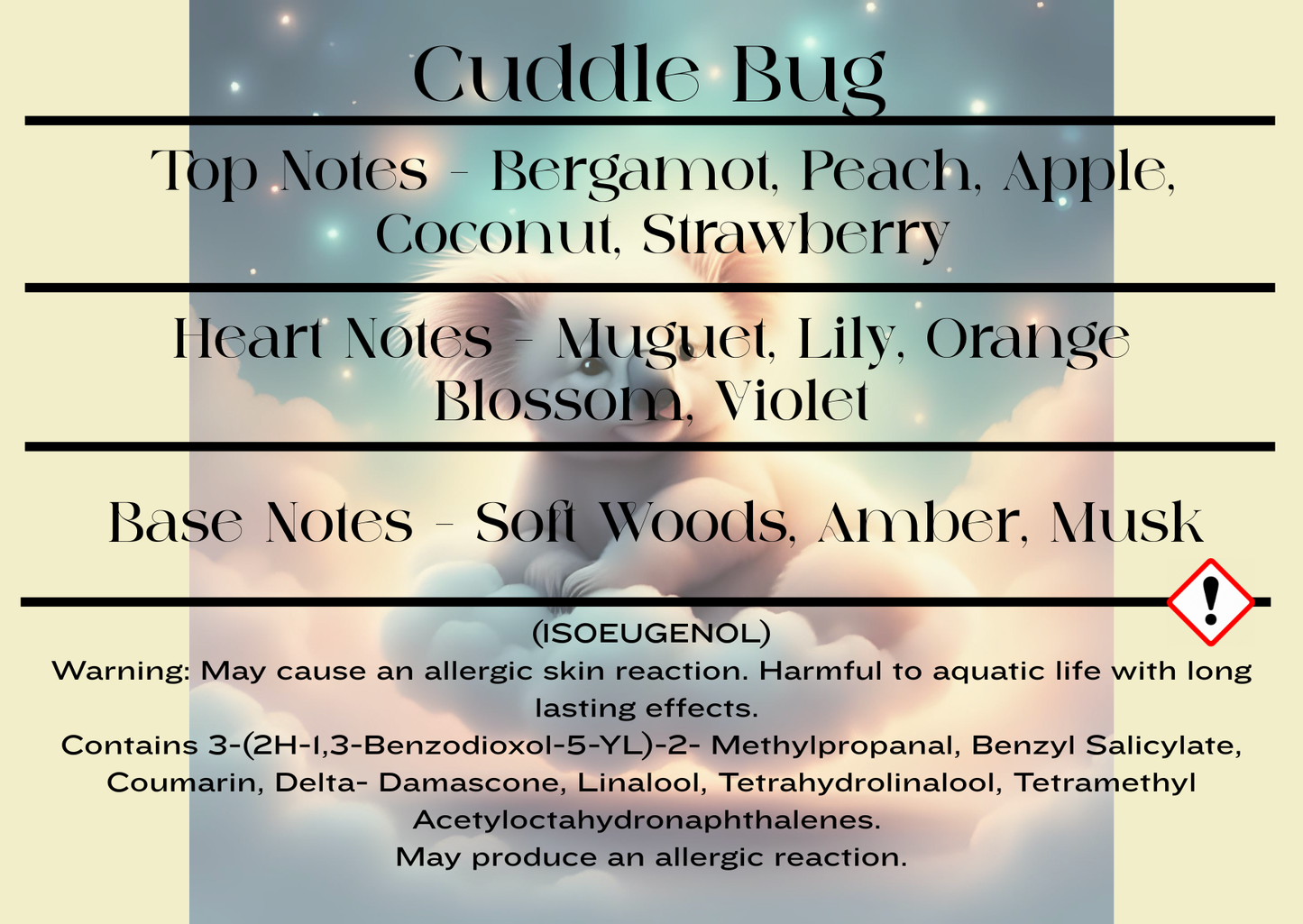 Product label for 'Cuddle Bug' with fragrance notes and CLP information.